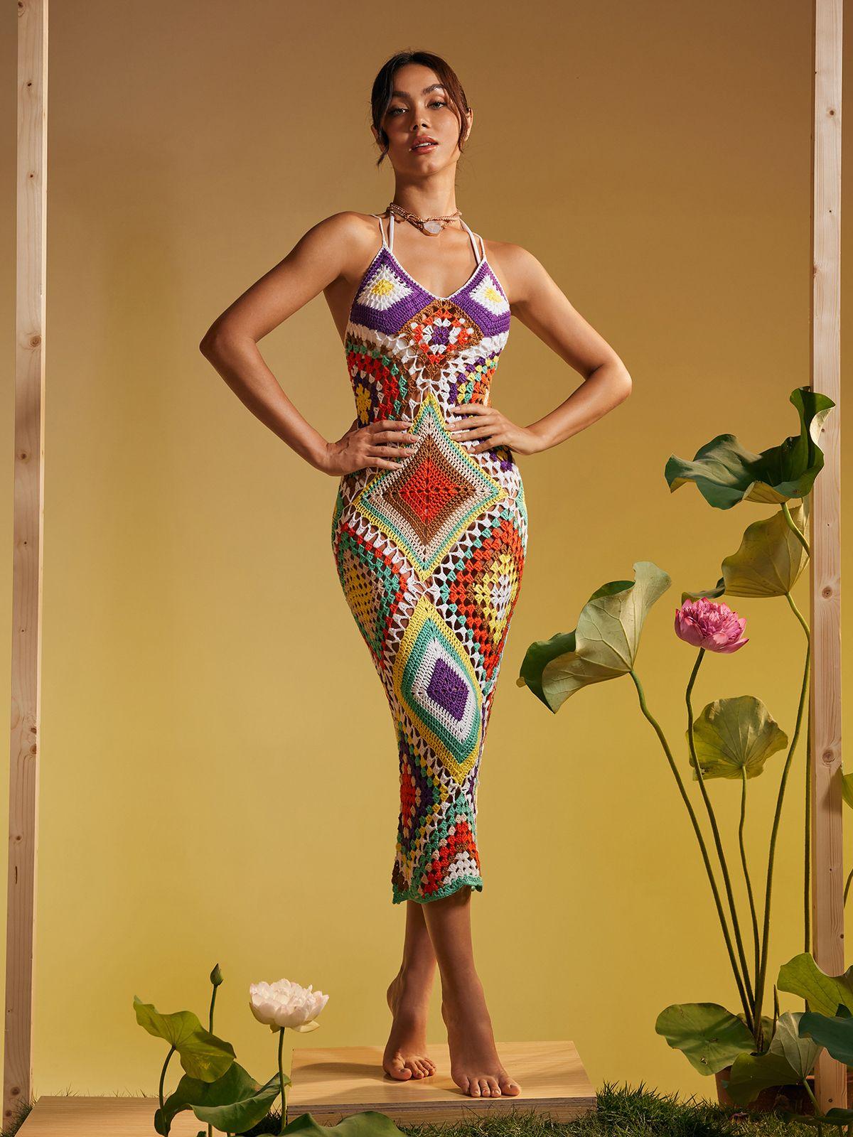 Monroe İspagetti Baskılı Boş Çözgü Örgü Elbise