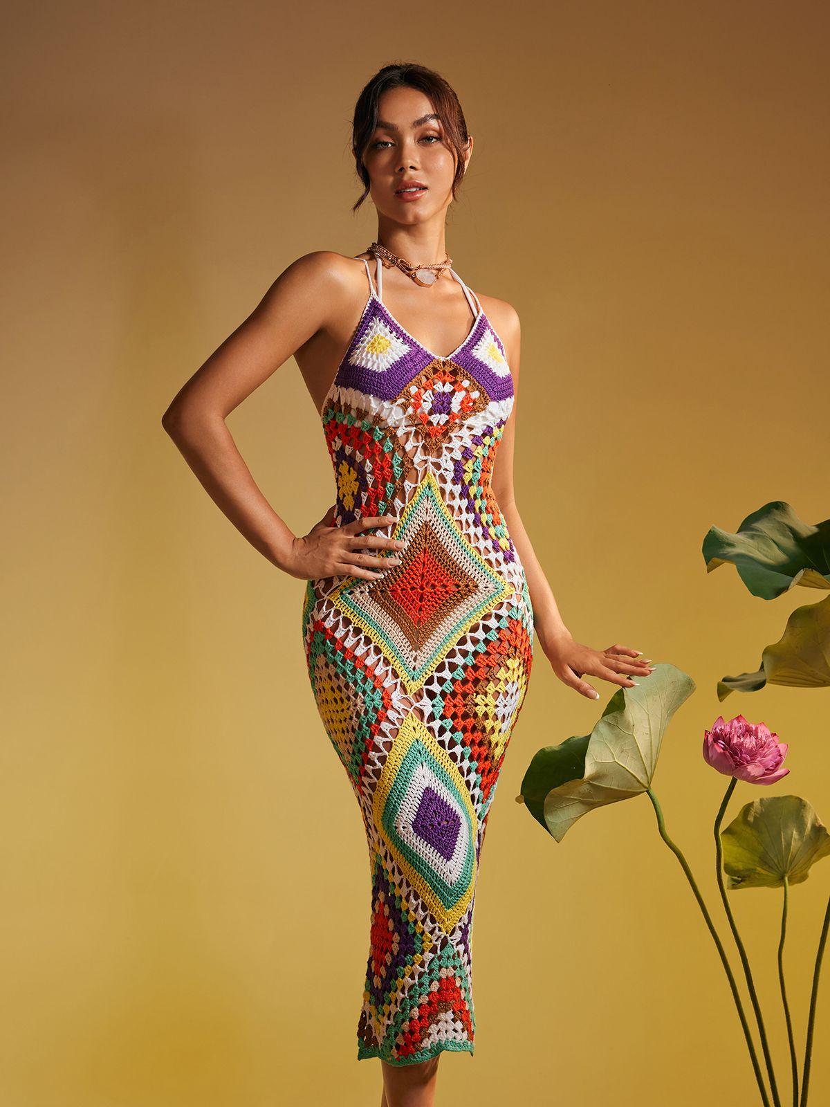 Monroe İspagetti Baskılı Boş Çözgü Örgü Elbise