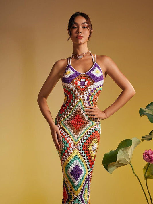 Monroe İspagetti Baskılı Boş Çözgü Örgü Elbise