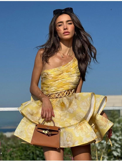 Daphne | Çiçekli Tek Omuz Mini Elbise