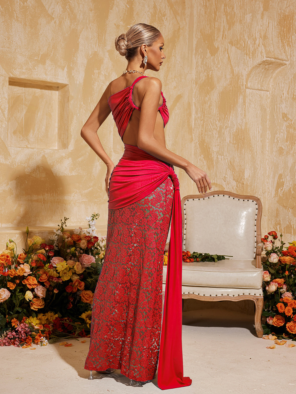 Phelia Kesim Dantel Drapeli Uzun Elbise Kırmızı