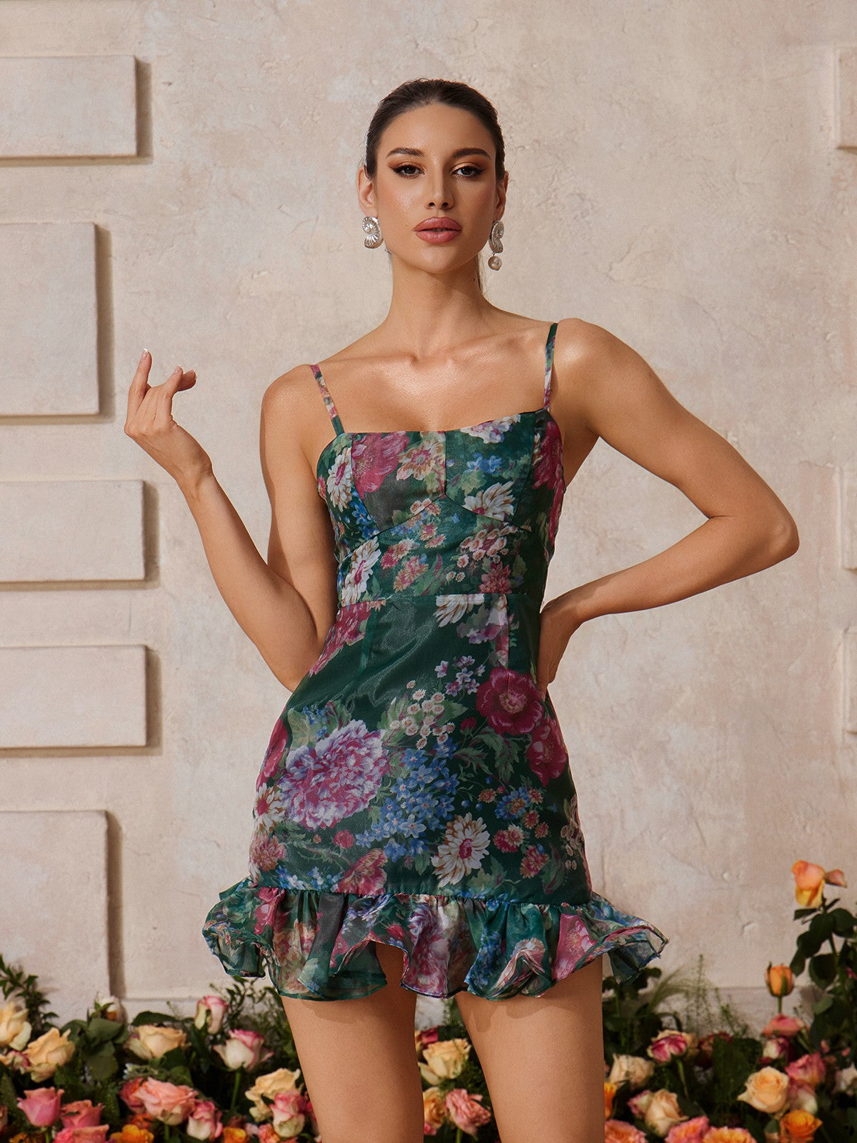 Rhyveth Spagetti Çiçek Desenli Etek Takımı