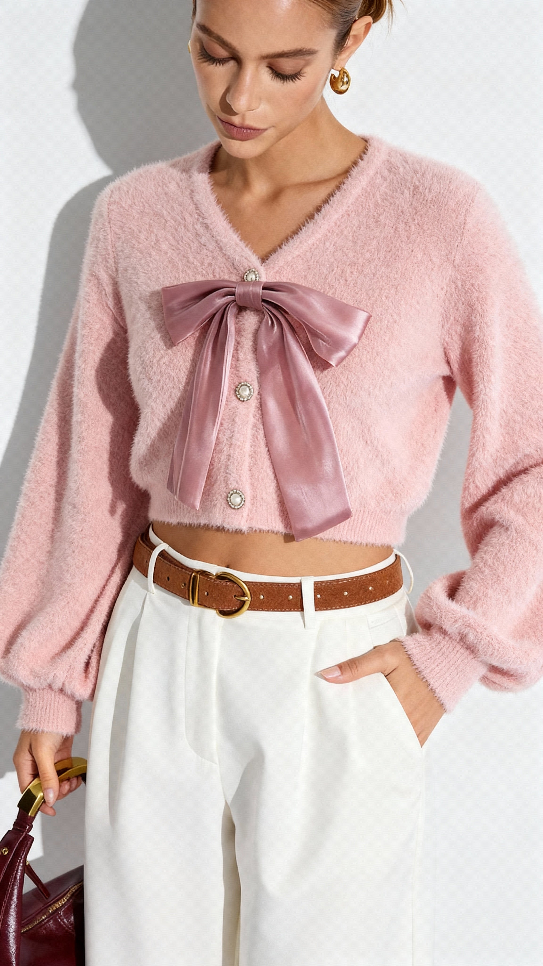 Fiyonk Detaylı Örgü Hırka Pembe V Yaka Uzun Kol