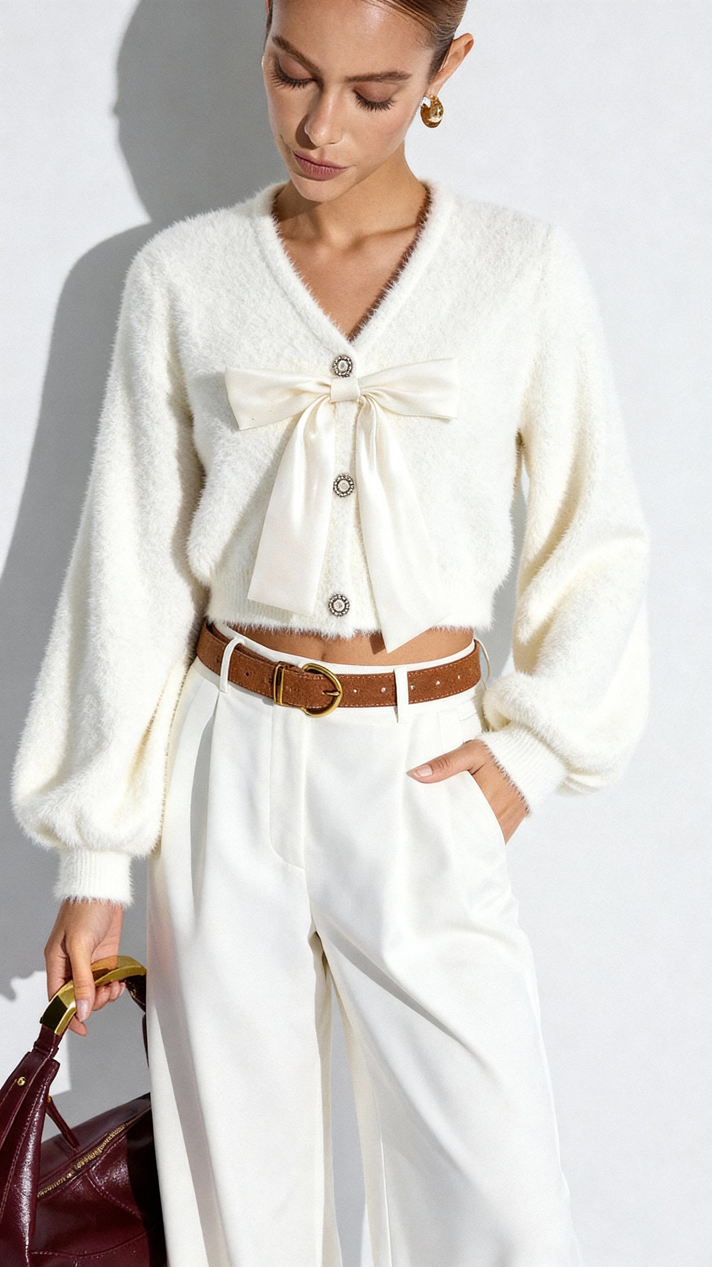 Fiyonk Detaylı Örgü Hırka Pembe V Yaka Uzun Kol