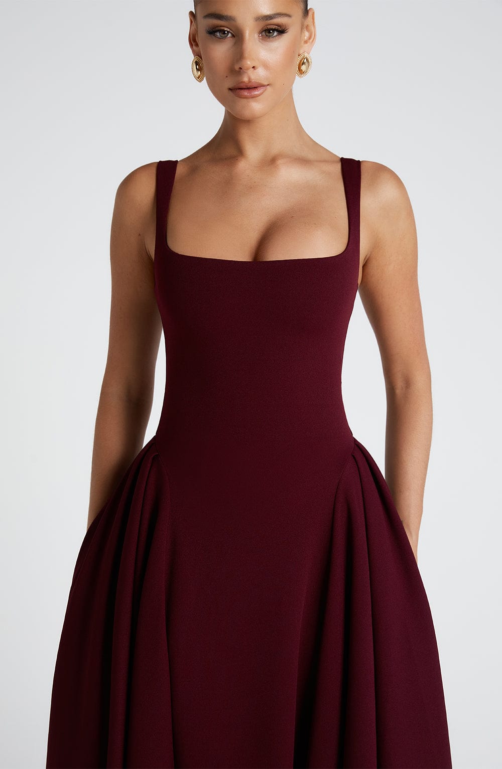 Cherry Kare Yaka & Korsajlı Bordo Midi Elbise